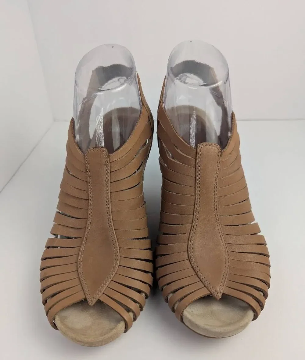 Camper Rachel tan caged strappy leather wedge slingback heels 39 EU 8.5/9